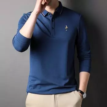 Весенняя новая мужская однотонная рубашка поло с лацканами, с длинными рукавами, модная повседневная прямая футболка для людей среднего возраста M