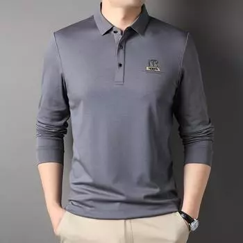 Весенняя новая мужская однотонная рубашка поло с лацканами, с длинными рукавами, модная повседневная прямая футболка для людей среднего возраста M
