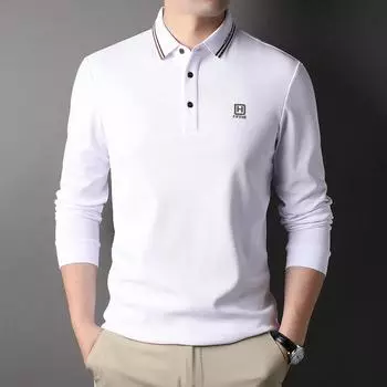 Весенняя новая мужская однотонная рубашка-поло с воротником-поло, длинный рукав, модная повседневная футболка прямого покроя для людей среднего возраста M