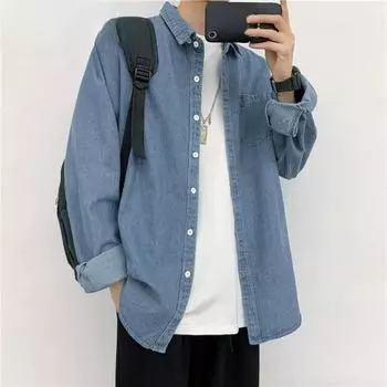 Весенняя новая мужская свободная повседневная классическая рубашка с длинным рукавом M светло-синий