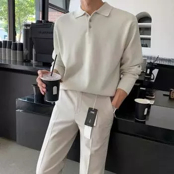 Весенняя новая мужская свободная универсальная однотонная трикотажная рубашка с длинными рукавами и воротником-поло M хаки