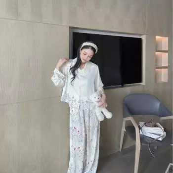 Весенняя новая пижама для женщин, Ice Silk с длинными рукавами, воротник Doll, акварельные цветы, девчачий стиль, стиль Sweet Home M