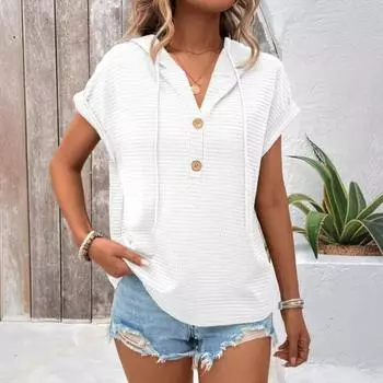 Весенняя новая повседневная футболка с капюшоном и модный топ с короткими рукавами на пуговицах S белый