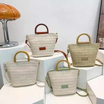 Весенняя новая повседневная сумка через плечо, модная плетеная женская сумка, соломенная плетеная сумка-ведро