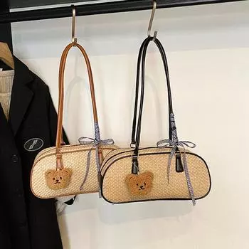 Весенняя новая простая летняя пляжная сумка через плечо с бантом для поездок на работу и отдыха, универсальная плетеная соломенная сумка подмышкой для женщин 31x9.5x14cm коричневый