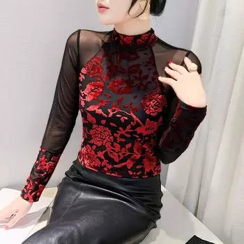 Весенняя новая ретро-водолазка для женщин с тонким сетчатым верхом и длинными рукавами S