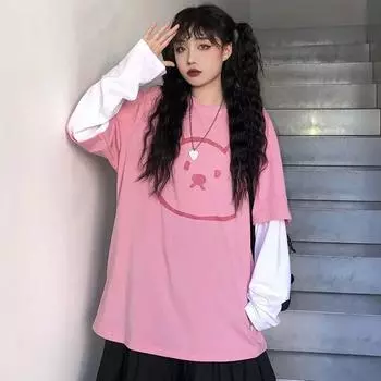 Весенняя новая розовая футболка с принтом из двух предметов, топы с длинными рукавами и круглым вырезом, лоскутные пуловеры, повседневная корейская женская одежда S розовый