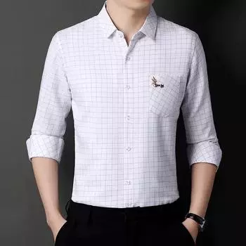 Весенняя новая рубашка для мужчин среднего возраста с квадратным воротником, повседневная клетчатая рубашка с тонким карманом, свободная дышащая рубашка M белый