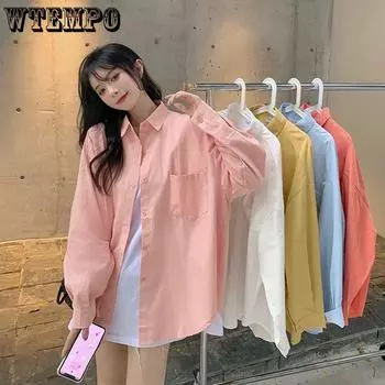 Весенняя новая рубашка студентка, свободное универсальное пальто с длинными рукавами, рубашка, топ женский