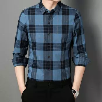 Весенняя новая рубашка в клетку, мужская рубашка с длинными рукавами, весенняя одежда для пап среднего возраста, тонкие лацканы, повседневная мужская одежда M