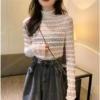 Весенняя новая сетчатая кружевная базовая рубашка в Корейском стиле, однотонная базовая рубашка с полувысоким воротником и полым воротником One Size белый
