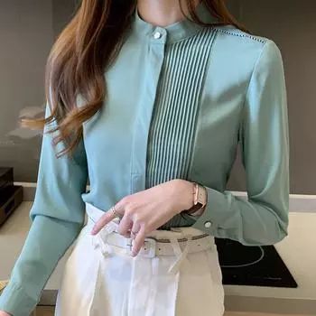 Весенняя новая шифоновая блузка с длинными рукавами, женские топы, модная офисная женская блузка с воротником-стойкой, рубашка, женская одежда J148 S зелёный