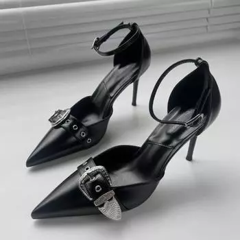 Весенняя новая сумка Baotou с сандалиями для женщин с заостренной металлической пряжкой A Word с противоскользящими износостойкими высокими каблуками 35