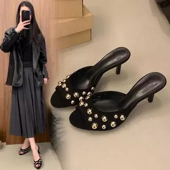 Весенняя Новая Женская Обувь, Эффект Черного Бархата, С Шипами, Без Задника, На Одну Ногу, Босоножки на Шпильке Zapatos De Mujer 35