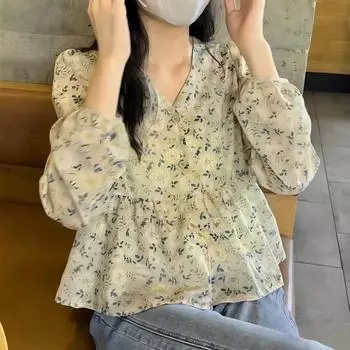 Весенняя новая женская одежда Дизайн Sense Temperament Маленькая свежая рубашка с V-образным вырезом Маленький цветочный топ с длинными рукавами s Recommendations 85-100