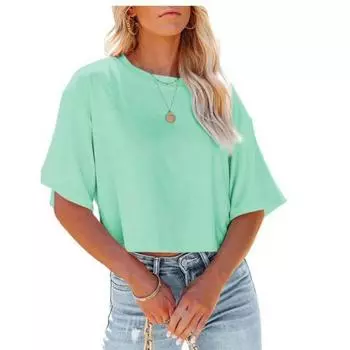 Весенняя новая женская одежда, однотонная свободная футболка с круглым вырезом и короткими рукавами, а также короткий сексуальный топ с пупком S белый