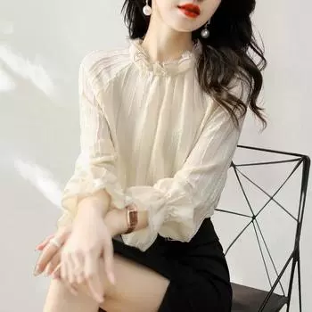 Весенняя новая женская свободная повседневная простая кружевная рубашка S бежевый