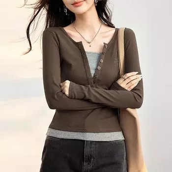 Весенняя новинка, американская ретро-подделка, двухкомпонентная футболка с длинными рукавами для горячей девушки, облегающая базовая рубашка, топ S