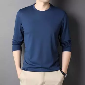 Весенняя новинка для молодежи и мужчин среднего возраста, простая повседневная футболка с длинным рукавом и круглым вырезом, однотонный мужской топ 165