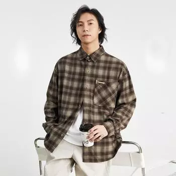 Весенняя новинка для мужчин, американская ретро-куртка с длинным рукавом в клетку M темный кофе