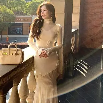Весенняя новинка для женщин, романтическая трикотажная юбка с цветочным узором, облегающее платье с внутренней стороны и бедрами XS бежевый