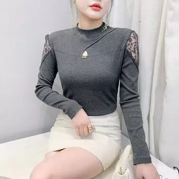Весенняя новинка, футболка с длинными рукавами, женская одежда, иностранный стиль, сращивание, нижняя часть, рубашка, облегающий универсальный топ S