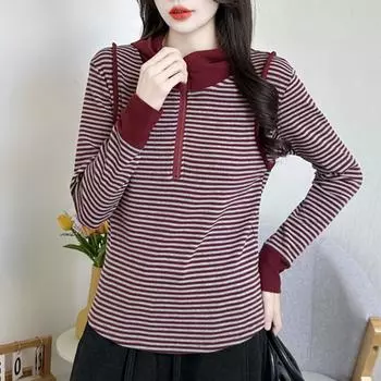 Весенняя новинка, футболка с капюшоном и длинными рукавами, контрастный цвет, повседневная и универсальная, тонкая базовая рубашка в полоску M красный