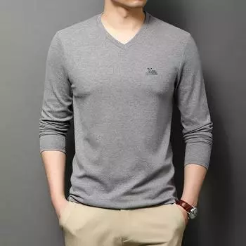 Весенняя новинка, хлопковая футболка с V-образным вырезом и длинными рукавами, мужская модная повседневная свободная мужская рубашка в корейском стиле M