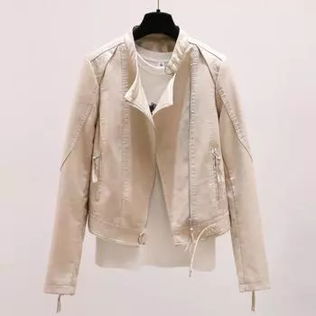 Весенняя новинка корейский стиль мотоциклетная куртка из искусственной кожи женская короткая тонкая кожаная куртка простой воротник-стойка бежевый S