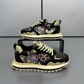 Весенняя новинка кожаная сращивание, китайский стиль, дышащая, усиленная, мужская спортивная обувь, мужская обувь, модная обувь для пап 39 чёрный