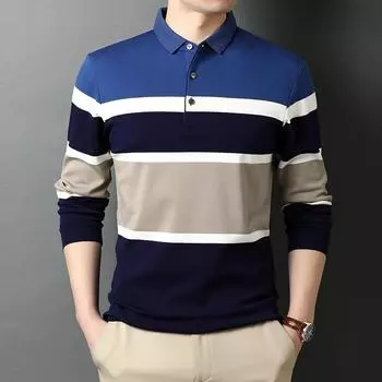 Весенняя новинка, мужская полосатая футболка с лацканами, хлопковая модная повседневная мужская футболка с длинными рукавами M