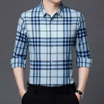 Весенняя новинка, мужская рубашка с длинными рукавами для людей среднего возраста, легкая деловая повседневная клетчатая кардиганная рубашка с лацканами, бесшовная мужская базовая рубашка M