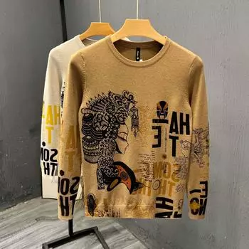 Весенняя новинка, мужская рубашка с принтом, длинный рукав, красивое модное мужское драпированное эластичное нижнее белье, свитер, повседневный топ M абрикосовый