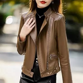 Весенняя новинка, натуральная кожаная куртка, женская короткая тонкая кожаная куртка из овчины, куртка в стиле мотоцикла со стоячим воротником M
