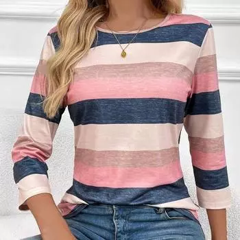 Весенняя новинка, повседневная женская полосатая футболка с длинным рукавом, модная элегантная свободная футболка с круглым вырезом, женская осенняя простая офисная женская футболка 25901 S розовый