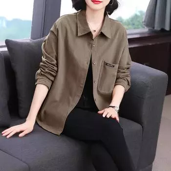 Весенняя новинка, рубашка с длинным рукавом для пригородных поездок, женская повседневная облегающая универсальная рубашка для мам среднего возраста с воротником-поло большого размера M хаки