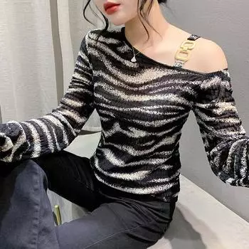 Весенняя новинка с длинными рукавами и узором «зебра» с открытыми плечами в корейском стиле, тонкая базовая рубашка, простая футболка, топ S