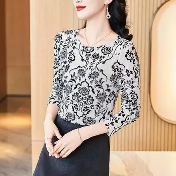 Весенняя новинка: сетчатая принтованная внутренняя и внешняя нижняя рубашка для женщин, круглый вырез, футболка, топ S