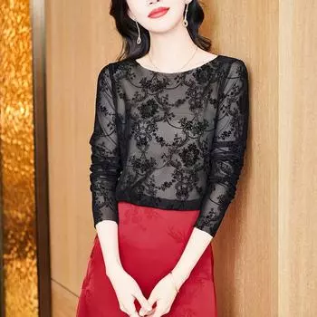 Весенняя новинка, сетчатая сексуальная базовая рубашка для женщин с элегантным круглым вырезом для мамы, футболка с длинным рукавом S