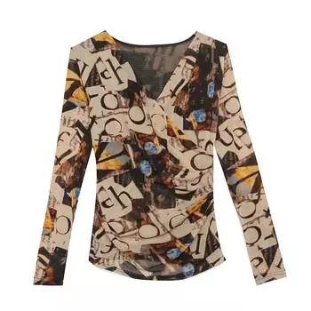 Весенняя новинка, сетчатый топ с длинными рукавами, напечатанные буквы, тонкая футболка, модная нижняя рубашка для женщин M
