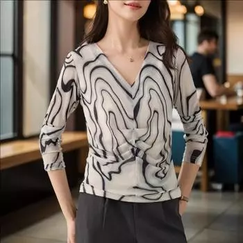 Весенняя новинка, топ с длинными рукавами, дизайнерская тонкая базовая рубашка для женщин, универсальная футболка с V-образным вырезом M