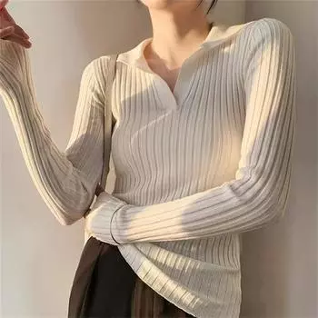 Весенняя облегающая рубашка с V-образным вырезом и длинными рукавами, с внутренней трикотажной подкладкой, модная и простая, в полоску, новый темпераментный свитер для женщин One size абрикосовый