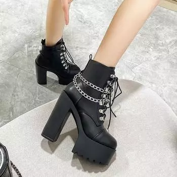 Весенняя обувь, женские ботинки на высоком каблуке с очень толстой подошвой и цепочкой, теплые толстые ботинки на резиновой подошве, белый цвет в стиле гот-панк 34 чёрный