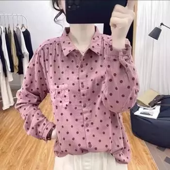 Весенняя одежда Бутик-стиль Дизайн Sense Polo Collar Чистый хлопок Длинные рукава Рубашка женская Антивозрастная верхняя рубашка M