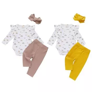 Весенняя одежда для новорожденных девочек, осенний комбинезон с радужным принтом и длинными рукавами, штаны с повязкой на голову, комплект для маленьких девочек 100