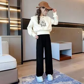 Весенняя одежда для подростков Детский комплект с принтом медведя и крыльями летучей мыши, укороченный топ, толстовка, футболка + прямые брюки, спортивный костюм 170cm бежевый