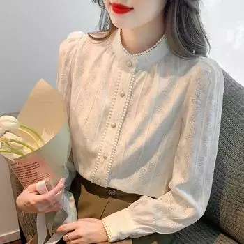 Весенняя одежда, новые французские винтажные кружевные леггинсы с воротником-стойкой и длинными рукавами внутри, женская весенне-осенняя блузка XL