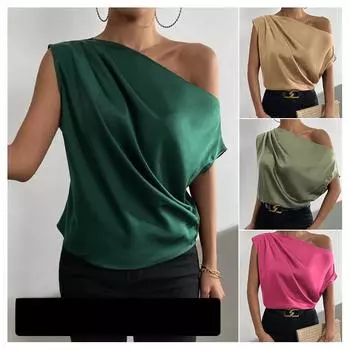 Весенняя однотонная атласная рубашка без рукавов с неровным косым плечом для женщин S чёрный