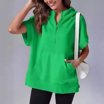 Весенняя однотонная повседневная толстовка с короткими рукавами и капюшоном S небесно-голубой