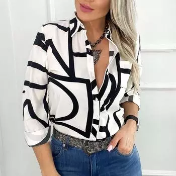 Весенняя офисная женская блузка с карманами, элегантные рубашки с отложным воротником и принтом, женская одежда, модные топы на пуговицах с длинными рукавами, одежда 25576 S зелёный